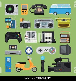 Gadgets techniques de l'Hipster. icônes de gadgets des années 90 comme le vieux joystick et la console, manette de jeu et cassette vidéo. Illustration vectorielle Illustration de Vecteur
