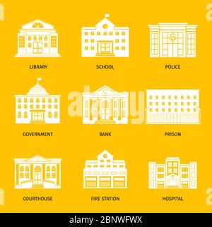 Icônes blanches des bâtiments municipaux. Ensemble de bâtiments gouvernementaux, hôtel de ville et hôpital, panneaux de maisons et d'écoles de gouvernements. Illustration vectorielle Illustration de Vecteur