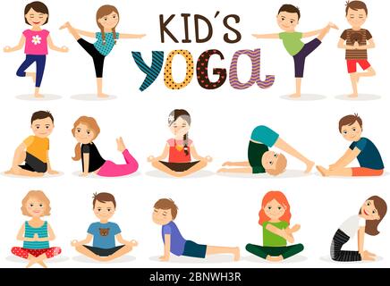 Les jeunes enfants de différentes poses de yoga sur fond blanc. Illustration vectorielle Illustration de Vecteur