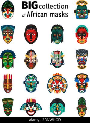 Masque ethnique africain tribal grand ensemble sur fond blanc. Illustration vectorielle Illustration de Vecteur