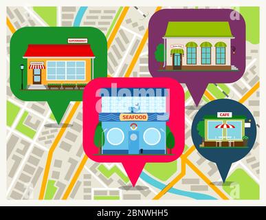 Carte de navigation avec application mobile broches magasins. Illustration vectorielle des façades de restaurants, cafés et supermarchés de fruits de mer Illustration de Vecteur