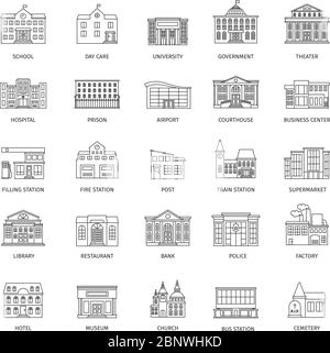 Les bâtiments gouvernementaux sont des icônes de ligne ou des maisons municipales urbaines donnent un aperçu des panneaux. Illustration vectorielle Illustration de Vecteur
