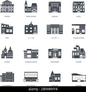 Vue sur les bâtiments de la ville. Icônes vectorielles de construction urbaine isolées sur fond blanc Illustration de Vecteur