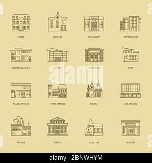 Icônes de ligne de construction vectorielle. Illustration des maisons de ville Illustration de Vecteur