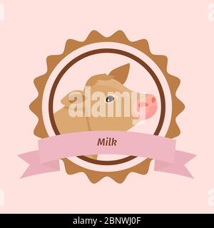 Icône plate de tête de vache beige en forme de cercle. Motif d'étiquette de lait vectoriel Illustration de Vecteur
