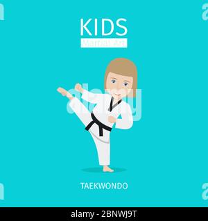 Illustration vectorielle d'art martial pour enfants. Icône Taekwondo Girl sur fond bleu Illustration de Vecteur