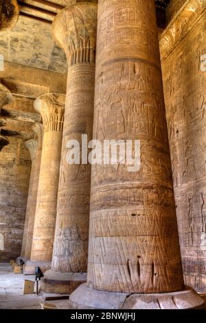 Colonnes dans la salle des fêtes, Temple d'Horus, Edfu, Égypte Banque D'Images