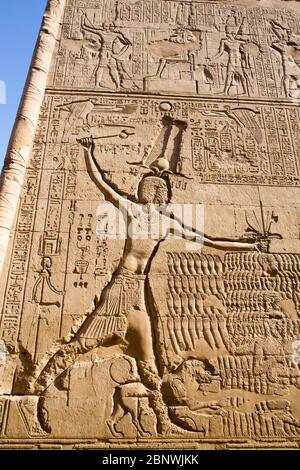 Pharaon, Bas relief, mur extérieur, Temple de Khnum, Esna, Égypte Banque D'Images