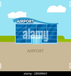 Bâtiment de l'aéroport coloré avec panneau, ciel et nuages. Illustration vectorielle Illustration de Vecteur