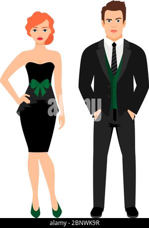 Jeune couple en tenue de mode noire. Femme en petite robe noire et homme en veste et gilet, illustration vectorielle Illustration de Vecteur