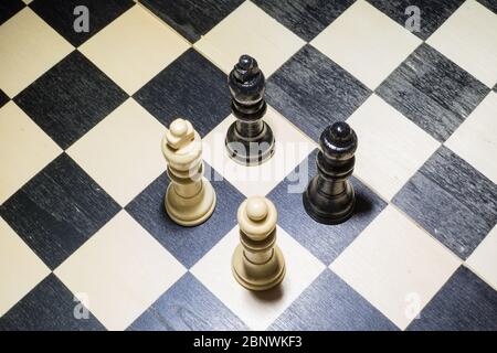 L'échiquier avec le roi blanc et la reine devant les noirs dans le concept de confrontation Banque D'Images