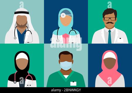 Avatars du personnel médical arabo-musulman. Icônes vectorielles médecin et médecin, chirurgien et infirmière, dentiste et pharmacien Illustration de Vecteur