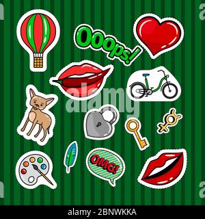 Badges originaux de couleur avec lèvres, chien, vélo et clé sur fond vert. Collection de patches ou d'autocollants vectoriels Illustration de Vecteur