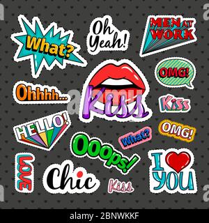 Des autocollants originaux sont mis en place avec des lèvres de femme et des mots colorés sur fond sombre. Collection de badges et de patches vectoriels Illustration de Vecteur