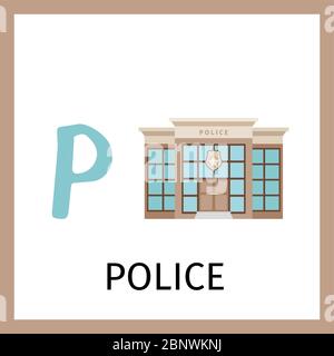 Carte alphabétique pour enfants avec bâtiment de police. Illustration vectorielle de la carte lettre P. Illustration de Vecteur