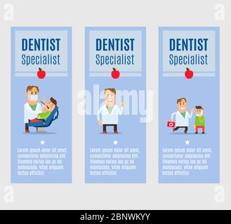 Dentiste spécialiste vecteur flyers conception avec le caractère heureux de docteur Illustration de Vecteur