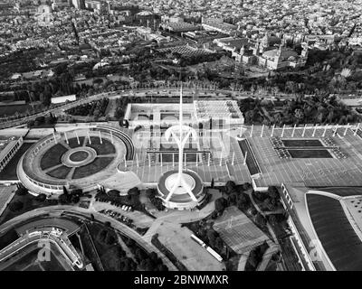 Vue aérienne anneau olympique ou Anella Olímpica et Palau Sant Jordi Estadi Olímpic et Montjuïc Communications Tower. Jeux Olympiques 1992 Barcelone Catalo Banque D'Images