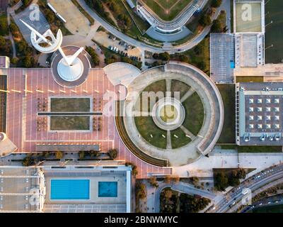 Vue aérienne anneau olympique ou Anella Olímpica et Palau Sant Jordi Estadi Olímpic et Montjuïc Communications Tower. Jeux Olympiques 1992 Barcelone Catalo Banque D'Images