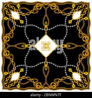 Baroque doré avec chaînes. Foulard de style indien à imprimé soie. Arrière-plan noir. Motif moderne prêt pour le textile. Banque D'Images