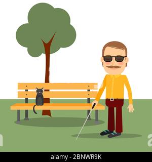 Homme aveugle dans le parc, debout près de la banquette. Illustration vectorielle Illustration de Vecteur