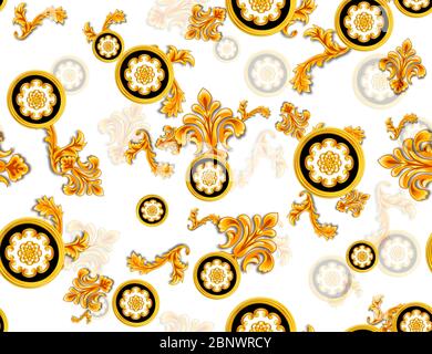 Motif fleurs sans couture mélangé à de belles fleurs et motif doré décoratif antique sur fond blanc. Conçu pour le textile, le papier peint, les couvertures Banque D'Images