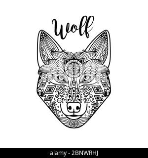 Tête de loup Zentangle avec décoration vectorielle guata dessinée à la main Illustration de Vecteur