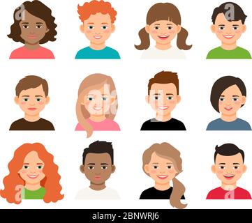 Visages vectoriels pour adolescents ou enfants. Jeunes filles et garçons adolescents avatars isolés sur fond blanc Illustration de Vecteur