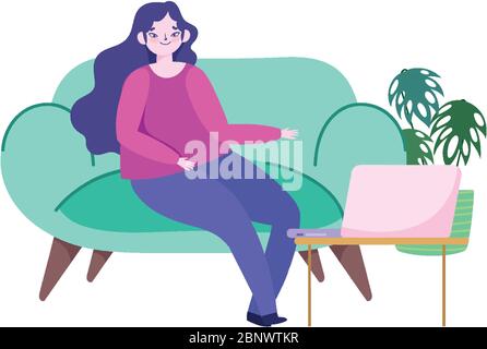 travaillant à distance, jeune femme assise sur un canapé avec un ordinateur portable illustration de vecteur de plante Illustration de Vecteur