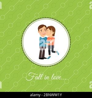 Happy Fall in love couple, modèle de carte de jour de la Saint-Valentin avec fond vert. Illustration vectorielle Illustration de Vecteur