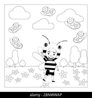 Enfant en robe insecte fantaisie dans la maternelle. Page de coloriage pour les enfants. Illustration vectorielle Illustration de Vecteur