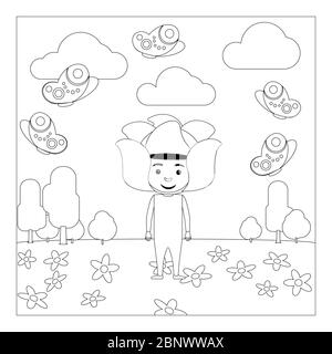 Enfant en robe de fleur fantaisie à la maternelle. Page de coloriage pour les enfants. Illustration vectorielle Illustration de Vecteur