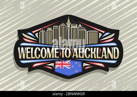 Logo Vector pour Auckland, autocollant décoratif noir avec illustration de la célèbre ville d'auckland sur fond de ciel crépuscule, aimant de réfrigérateur touristique Illustration de Vecteur