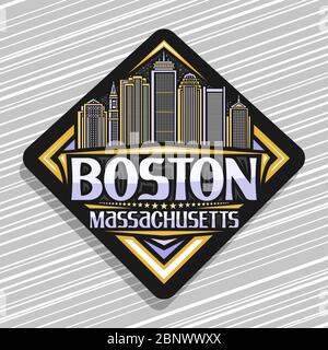 Logo Vector pour Boston, étiquette décorative noire avec illustration de la ligne du célèbre paysage de boston sur fond de ciel le soir, aimant de réfrigérateur touristique avec Illustration de Vecteur