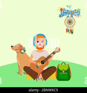 Illustration vectorielle hippie. Homme pieds nus avec chien et sac à dos assis sur le tapis Illustration de Vecteur