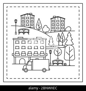 Page de coloriage pour les enfants avec paysage urbain, maisons, camion et arbres. Illustration vectorielle Illustration de Vecteur