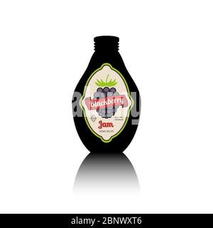 Silhouette de bouteille noire avec reflet et étiquette de fruits vintage. Icône BlackBerry Jam Vector Illustration de Vecteur