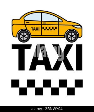 Transport de taxi, affiche publicitaire. Illustration jaune voiture et texte vectoriel Illustration de Vecteur