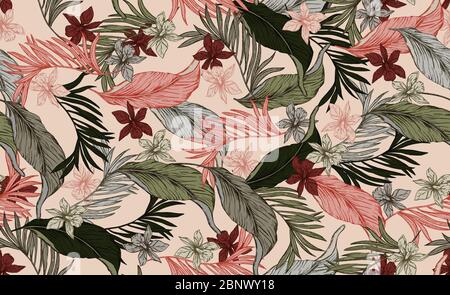 Motif floral vintage sans couture de feuilles vertes et rouges, plante de Philodendron avec des vignes sur fond clair. Banque D'Images
