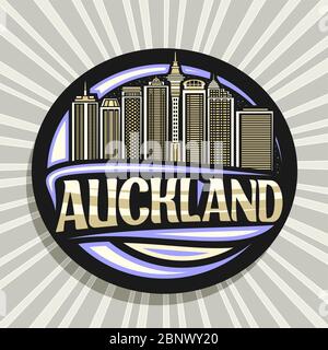 Logo Vector pour Auckland, autocollant rond décoratif noir avec illustration de la ville d'auckland sur fond ciel crépuscule, design artistique touristique frid Illustration de Vecteur