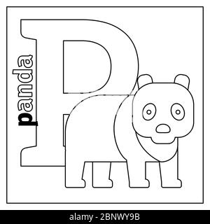 Page de coloriage ou carte pour enfants avec l'alphabet du zoo des animaux anglais. Panda, illustration vectorielle lettre P. Illustration de Vecteur