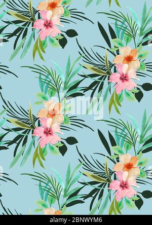 Motif fleuri sans couture avec feuilles. Prêt pour l'impression de tissu sur fond bleu clair. Banque D'Images