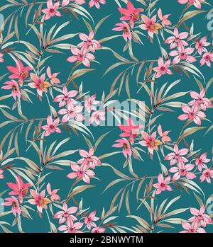 Motif sans couture avec fleurs et feuilles sur fond vert. Motif tropical fleuri romantique. Patch pour les imprimés textiles en tissu. Banque D'Images
