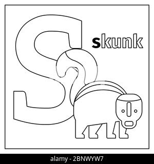 Page de coloriage ou carte pour enfants avec l'alphabet du zoo des animaux anglais. Illustration vectorielle Skunk, lettre S. Illustration de Vecteur