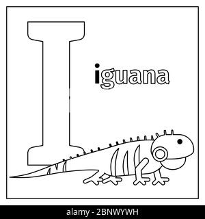 Page de coloriage ou carte pour enfants avec l'alphabet du zoo des animaux anglais. Illustration vectorielle de la lettre I d'Iguana Illustration de Vecteur