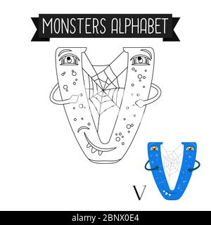 Page de coloriage monstres alphabet pour les enfants. Illustration vectorielle lettre V. Illustration de Vecteur
