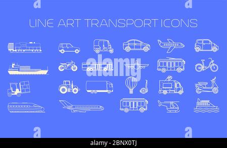 Grandes icônes de ligne de transport sur l'illustration vectorielle d'arrière-plan bleu Illustration de Vecteur