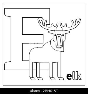 Page de coloriage ou carte pour enfants avec l'alphabet du zoo des animaux anglais. Elk, illustration vectorielle lettre E. Illustration de Vecteur