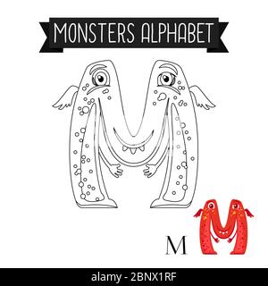Page de coloriage monstres alphabet pour les enfants. Illustration vectorielle lettre M. Illustration de Vecteur