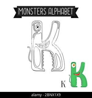 Page de coloriage monstres alphabet pour les enfants. Illustration vectorielle lettre K. Illustration de Vecteur