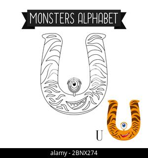 Page de coloriage monstres alphabet pour les enfants. Illustration vectorielle lettre U. Illustration de Vecteur